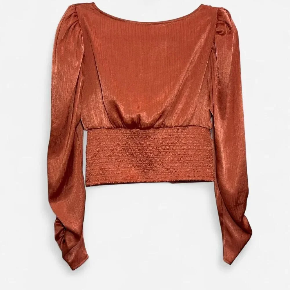 Free People Santiago Satin Cropped Blouse – Romantic Puff Sleeve Y2K (S)